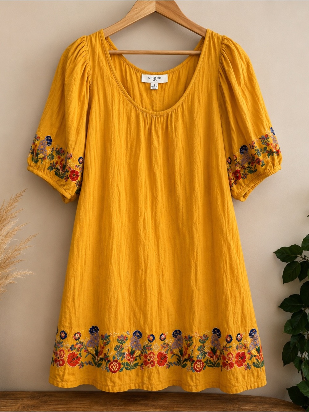 Umgee Yellow Embroidered Puff Sleeve Mini Dress